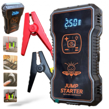 Голям Стартерен Бустер за Автомобил Външна Батерия POWER BANK 12V JUMP STARTER Стартер за Акумулатор Подаване на Ток 4в1 с Компресор и Фенер