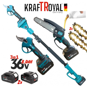 Телескопичен Прът Акумулаторна Лозарска Ножица и Резачка за Клони Трион с Автоматично Омасляване 36V 8AH KRAFTROYAL Безчетков Комплект 3в1