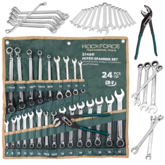 Комплект Микс Професионални Ключове 24 части Срязани Лули Тресчотни Звездогаечни и Клещи Гарги ROCKFORCE RF-5148R