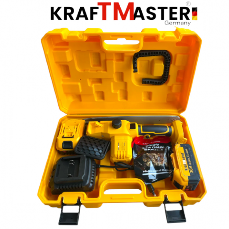 Акумулаторна Верижна Резачка за Клони и Дърва KRAFTMASTER 36V 10AH 30см 2 Батерии (Автоматично Смазване) с Дисплей син и жълт