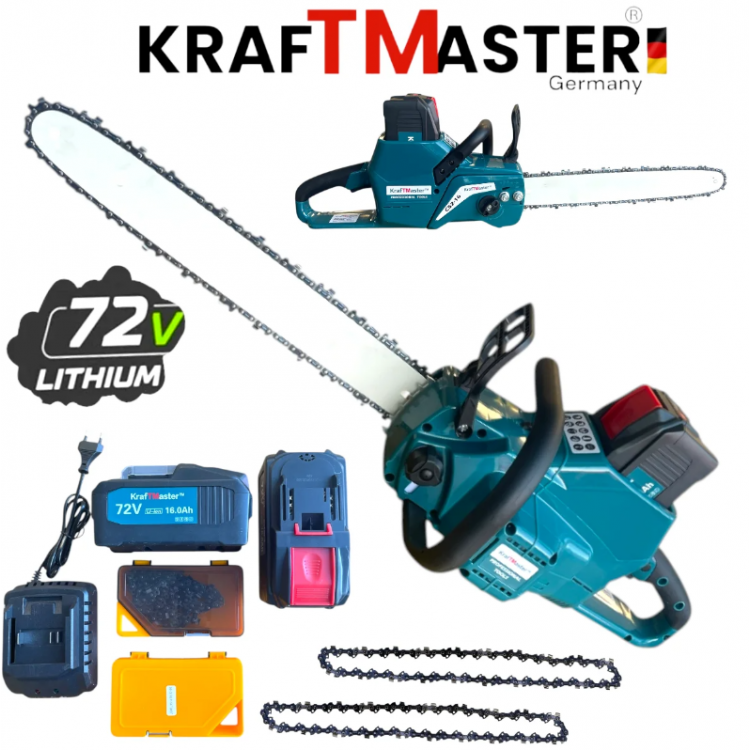 Акумулаторна Верижна Резачка KRAFTMASTER 72V 16Ah – 16" 40см Шина, 2 Вериги