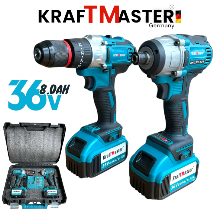 Акумулаторни безчеткови импакт и винтоверт 36V 8AH в куфар KRAFTMASTER Акумулаторни безчеткови импакт и винтоверт 36V 8AH в куфар KRAFTMASTER
