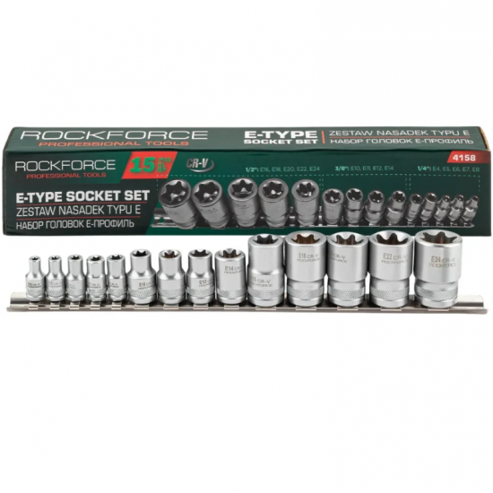 Професионален комплект E-Torx вложки 14 части E4–E24 ROCKFORCE Професионален комплект E-Torx вложки 14 части E4–E24 ROCKFORCE