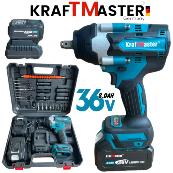 Голям Комбиниран Безчетков Акумулаторен Ударен Гайковерт-Импакт Винтоверт 1/2 36V 8,0AH с 25 части в Куфар KRAFTMASTER 