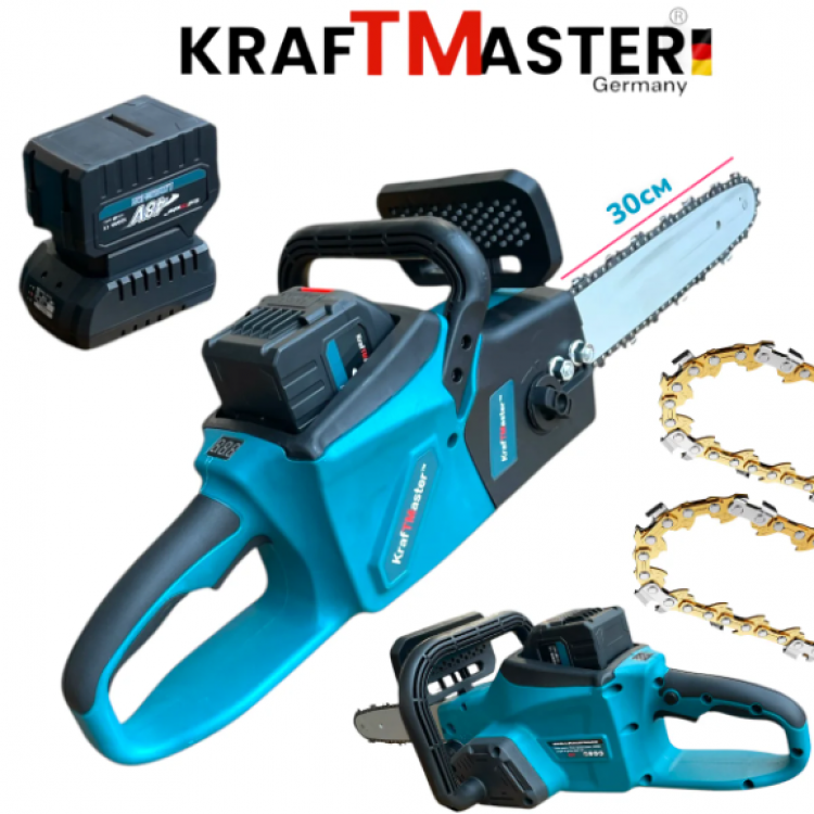 Акумулаторен Верижен Трион Резачка за Дърва с Дисплей 48V 12AH 2 батерии 2 вериги KRAFTMASTER 30см шина Акумулаторен Верижен Трион Резачка за Дърва с Дисплей 48V 12AH 2 батерии 2 вериги KRAFTMASTER 30см шина