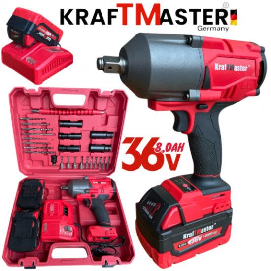 Голям Акумулаторен Гайковерт 1/2 36V 8Ah KRAFTMASTER с 25 части 2 Батерии и Зарядно в Куфар Голям Акумулаторен Гайковерт 1/2 36V 8Ah KRAFTMASTER с 25 части 2 Батерии и Зарядно в Куфар