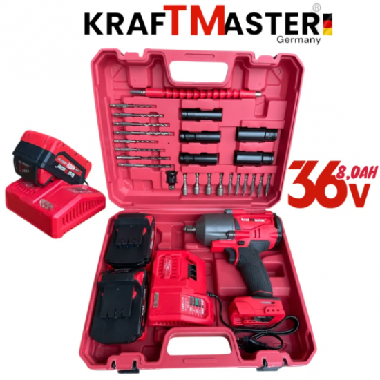 Голям Акумулаторен Гайковерт 1/2 36V 8Ah KRAFTMASTER с 25 части 2 Батерии и Зарядно в Куфар Голям Акумулаторен Гайковерт 1/2 36V 8Ah KRAFTMASTER с 25 части 2 Батерии и Зарядно в Куфар