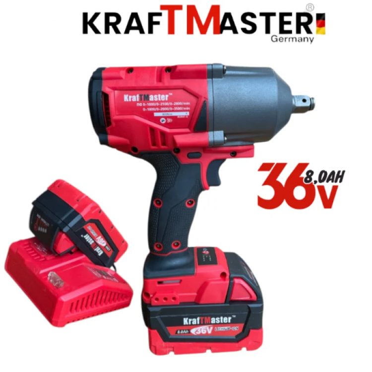 Голям Акумулаторен Гайковерт 1/2 36V 8Ah KRAFTMASTER с 25 части 2 Батерии и Зарядно в Куфар Голям Акумулаторен Гайковерт 1/2 36V 8Ah KRAFTMASTER с 25 части 2 Батерии и Зарядно в Куфар
