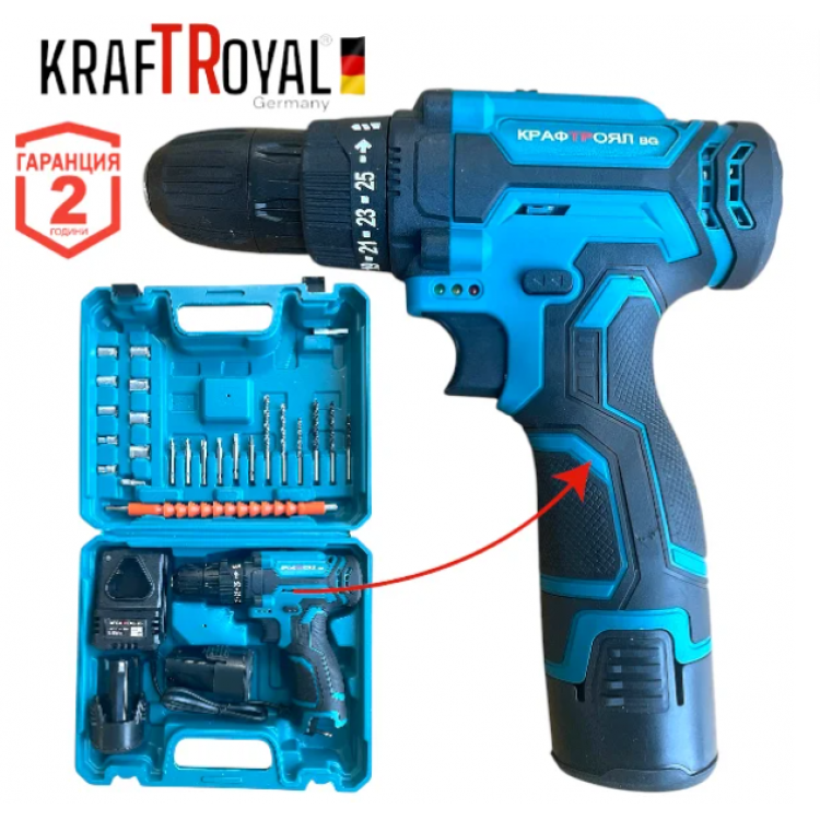 Акумулаторен винтоверт KRAFTROYAL 24V + вложки и удължение Акумулаторен винтоверт KRAFTROYAL 24V + вложки и удължение
