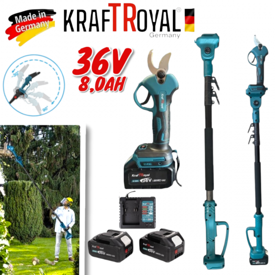Акумулаторна Лозарска Ножица с Телескопичен Прът 36V 8,0AH KRAFTROYAL 2 Батерии Акумулаторна Лозарска Ножица с Телескопичен Прът 36V 8,0AH KRAFTROYAL 2 Батерии