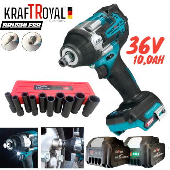 Акумулаторен Комбиниран Гайковерт / Импакт Безжичен Акумулаторен Безчетков KRAFT ROYAL 36V 8.0AH 2 Броя Батерия + 10 броя Удължени Ковани Вложки 10-24мм