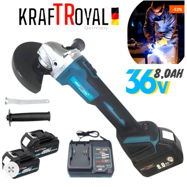 Безчетков Ъглошлайф акумулаторен Kraft 36V + 2 Батерии 8Ah и Зарядно с Куфар Безчетков Ъглошлайф акумулаторен Kraft 36V + 2 Батерии 8Ah и Зарядно с Куфар