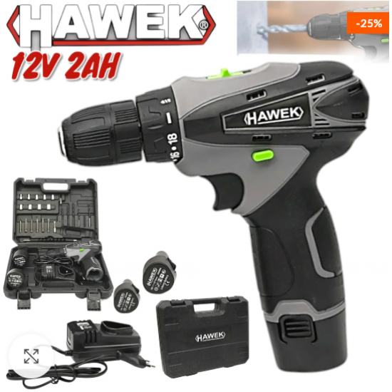 винтоверт двускоростен акумулаторен с вложки и удължение HAWEK 12v 2ah