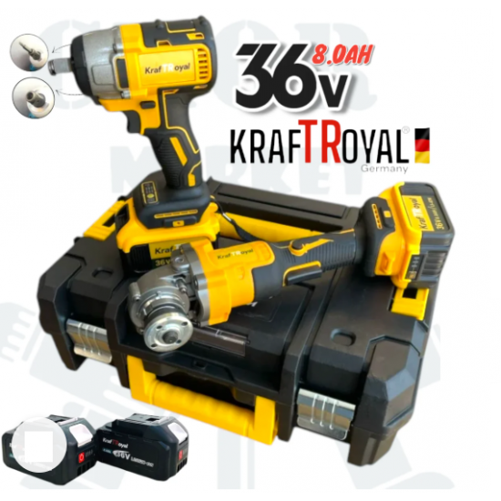 Комплект акумулаторен ъглошлайф и гайковерт 36V 8Ah KraftRoyal