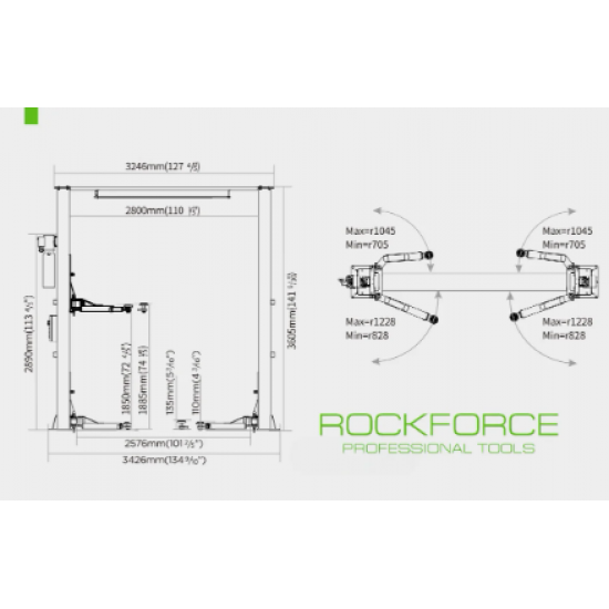 ПОДЕМНИК ДВУКОЛОНЕН ЕЛЕКТРОХИДРАВЛИЧЕН 4 ТОНА с горна синхронизация 110 – 1885мм ROCKFORCE ПОДЕМНИК ДВУКОЛОНЕН ЕЛЕКТРОХИДРАВЛИЧЕН 4 ТОНА с горна синхронизация 110 – 1885мм ROCKFORCE