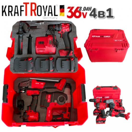 4в1 БЕЗЧЕТКОВИ ИНСТРУМЕНТИ Перфоратор/Къртач Ъглошлайф 125мм Винтоверт/Бормашина и Гайковерт/Импакт 3x Батерии KRAFTROYAL 4в1 БЕЗЧЕТКОВИ ИНСТРУМЕНТИ Перфоратор/Къртач Ъглошлайф 125мм Винтоверт/Бормашина и Гайковерт/Импакт 3x Батерии KRAFTROYAL