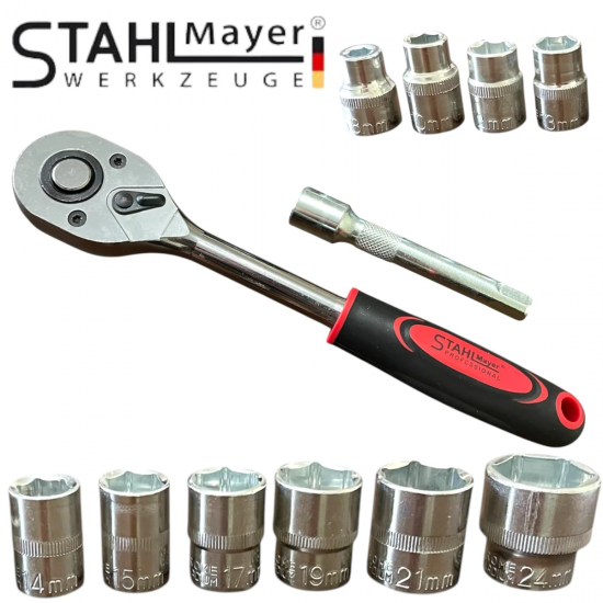 Тресчотка с вложки и удължител комплект 1/2” 12 части , STAHLMAYER