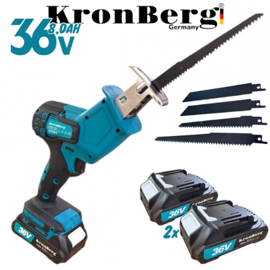 Акумулаторен Мини Безчетков Саблен Трион с 4 Ножа KRONBERG 36V 8,0AH Прав Трион за Месо Дърво Пластмаса Желязо Метал и ДР. 2 Батерии