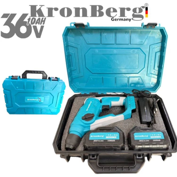 Акумулаторен Професионален Ударен Перфоратор / Бормашина Мини 36V 10AH KRONBERG Мощен и Безчетков с 2 Батерии Зарядно Устройство и Куфар Акумулаторен Професионален Ударен Перфоратор / Бормашина Мини 36V 10AH KRONBERG Мощен и Безчетков с 2 Батерии Зарядно Устройство и Куфар