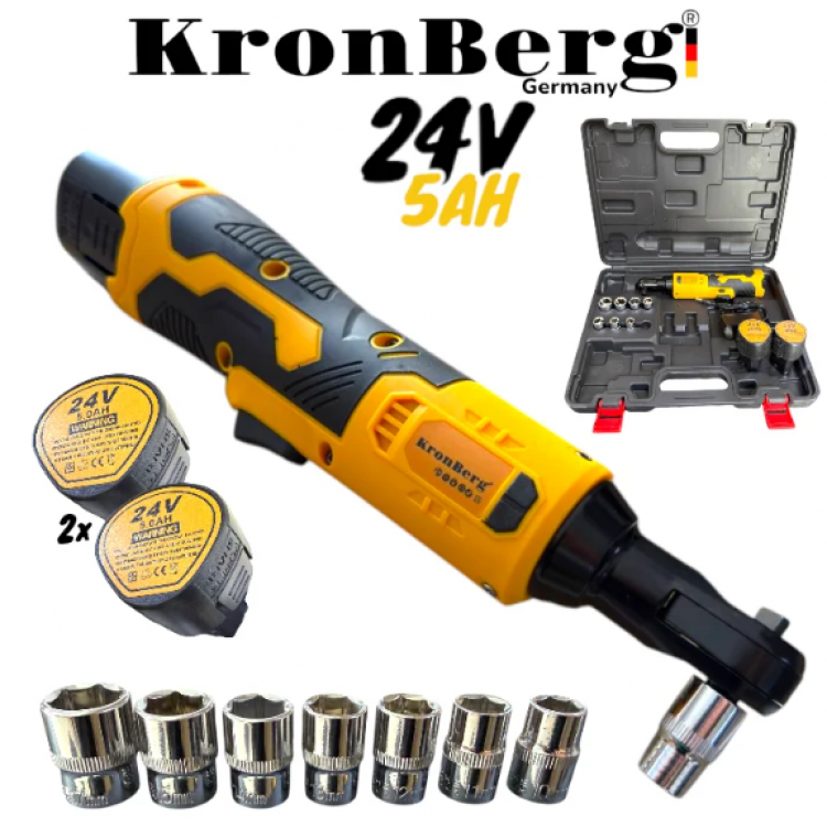 Акумулаторна Безчеткова Тресчотка 24V 5AH 90Nm KRONBERG 2 Батерии и Куфар с комплект вложки Акумулаторна Безчеткова Тресчотка 24V 5AH 90Nm KRONBERG 2 Батерии и Куфар с комплект вложки