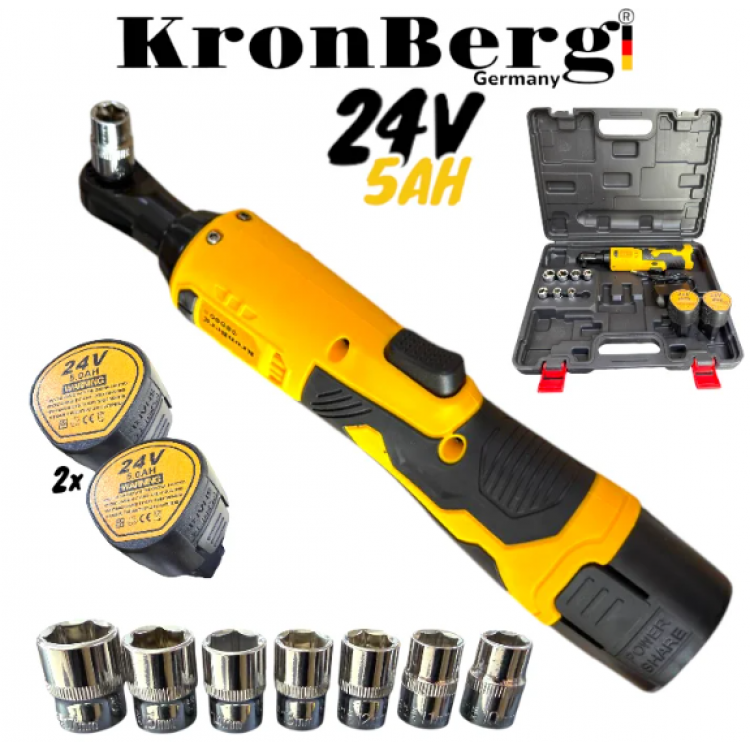 Акумулаторна Безчеткова Тресчотка 24V 5AH 90Nm KRONBERG 2 Батерии и Куфар с комплект вложки Акумулаторна Безчеткова Тресчотка 24V 5AH 90Nm KRONBERG 2 Батерии и Куфар с комплект вложки