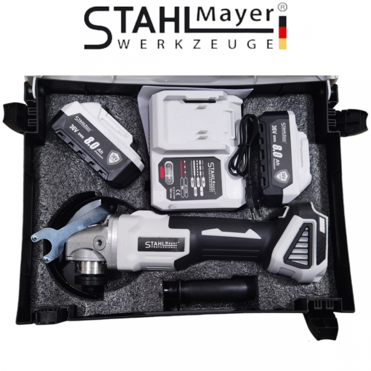 АКУМУЛАТОРЕН УДАРЕН ЪГЛОШЛАЙФ 36V 8,0AH STAHLMAYER 125ММ БЕЗЧЕТКОВ ШЛАЙФ БЕЗЖИЧЕН