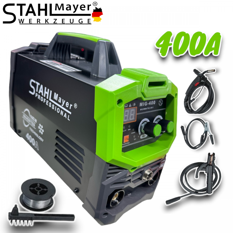 2в1 Електрожен с Телоподаващо 400А + Соларен Шлем Маска STAHLMAYER с Ролка модел: 2024
