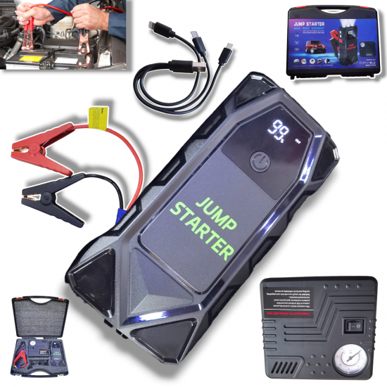 Стартерен Бустер за Автомобил Външна Батерия POWER BANK 12V JUMP STARTER Стартер за Акумулатор Бустер за Подаване на Ток с Фенер Стартерен Бустер за Автомобил Външна Батерия POWER BANK 12V JUMP STARTER Стартер за Акумулатор Бустер за Подаване на Ток с Фенер