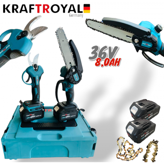2в1 Акумулаторна Резачка с Автоматично Смазване на Веригата и Лозарска Ножица за Клони 36V 8,0AH KRAFTROYAL 2 батерии в куфар 2в1 Акумулаторна Резачка с Автоматично Смазване на Веригата и Лозарска Ножица за Клони 36V 8,0AH KRAFTROYAL 2 батерии в куфар