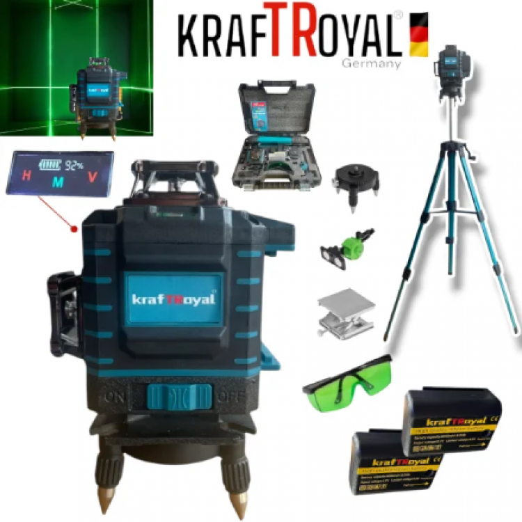 Лазерен Нивелир с 16 линии KRAFTROYAL 4Д със сензор индикация на батерия + тринога