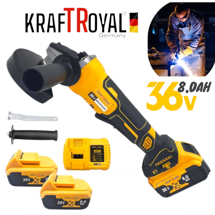 Акумулаторен ъглошлайф Kraft 36V 8,0 Ah + 2 батерии зарядно и куфар