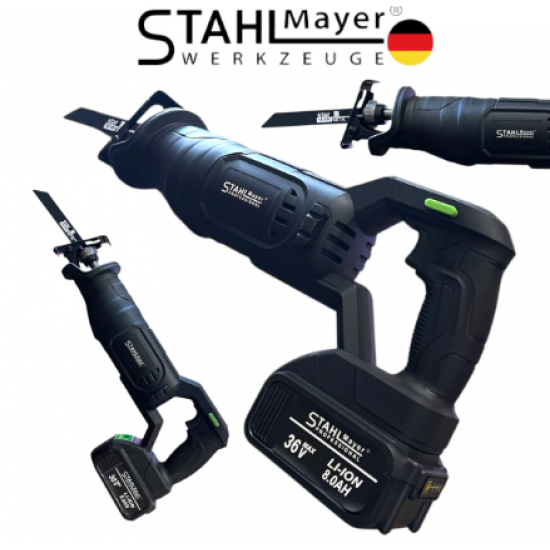 Саблен Трион Акумулаторен STAHLMAYER 36V 8.0AH за Метал Желязко Дърво Пласмата Месо Кости и др. с 2 батерии Безжичен Прав Трион за Рязане Саблен Трион Акумулаторен STAHLMAYER 36V 8.0AH за Метал Желязко Дърво Пласмата Месо Кости и др. с 2 батерии Безжичен Прав Трион за Рязане