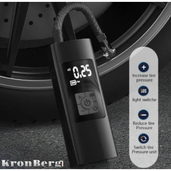 Акумулаторен Компресор за Гуми с Дисплей Безжичен с Фенер KRONBERG 150 PSI 3в1 Зарядно Power Bank Акумулаторен Компресор за Гуми с Дисплей Безжичен с Фенер KRONBERG 150 PSI 3в1 Зарядно Power Bank