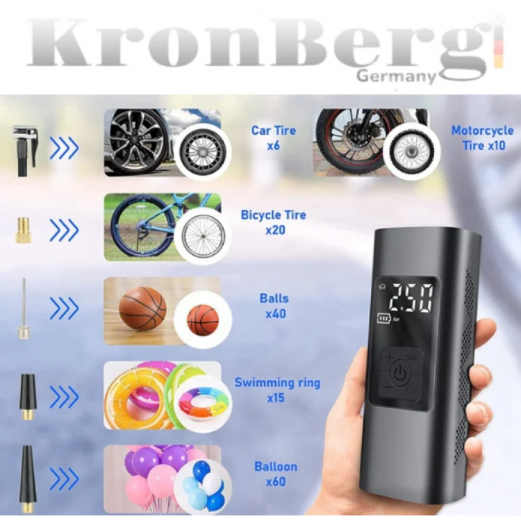 Акумулаторен Компресор за Гуми с Дисплей Безжичен с Фенер KRONBERG 150 PSI 3в1 Зарядно Power Bank Акумулаторен Компресор за Гуми с Дисплей Безжичен с Фенер KRONBERG 150 PSI 3в1 Зарядно Power Bank