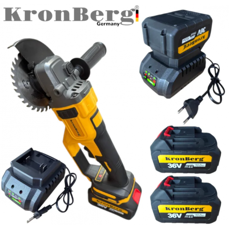 Професионален Акумулаторен Безчетков Ъглошлайф KRONBERG 125мм 36V 10Ah 2 Батерии и Зарядно Устройство в Куфар Професионален Акумулаторен Безчетков Ъглошлайф KRONBERG 125мм 36V 10Ah 2 Батерии и Зарядно Устройство в Куфар