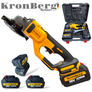 Професионален Акумулаторен Безчетков Ъглошлайф KRONBERG 125мм 36V 10Ah 2 Батерии и Зарядно Устройство в Куфар 