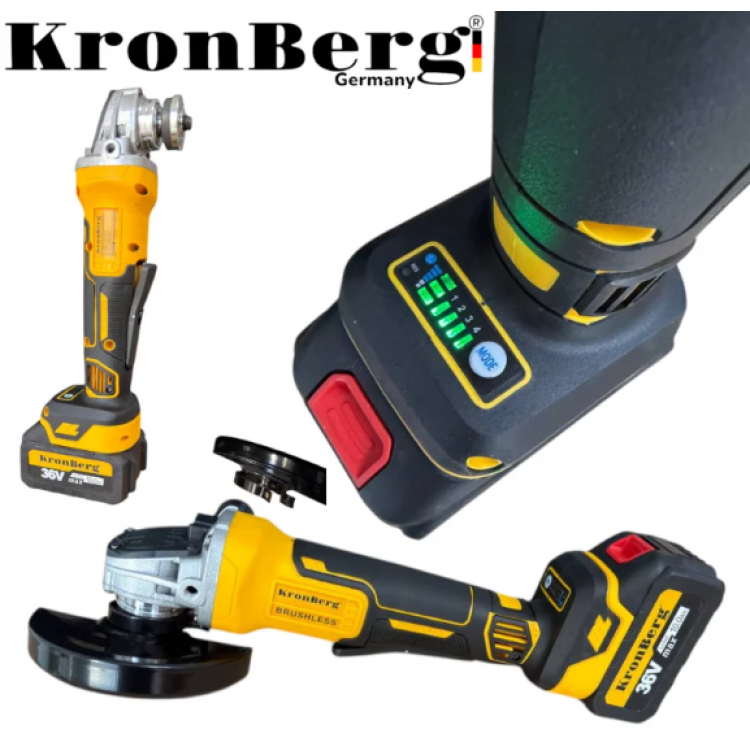 Безчетков Акумулаторен Ъглошлайф Безжичен KRONBERG 125мм 36V 10Ah 2 Батерии и Зарядно Устройство в Куфар Безчетков Акумулаторен Ъглошлайф Безжичен KRONBERG 125мм 36V 10Ah 2 Батерии и Зарядно Устройство в Куфар