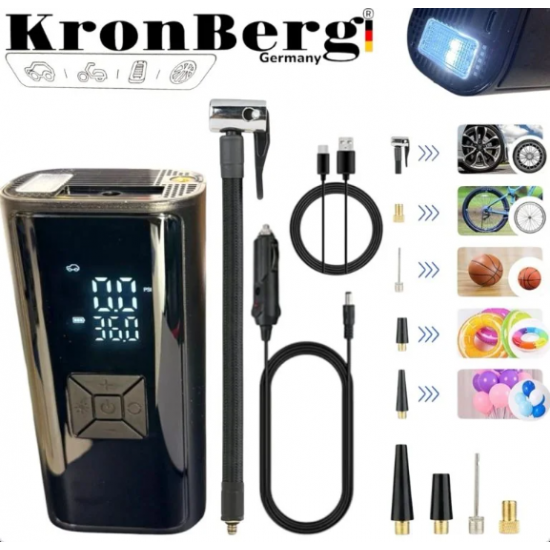 Акумулаторен Компресор за Гуми с Дисплей Безжичен с Фенер KRONBERG 150 PSI 3в1 Зарядно Power Bank