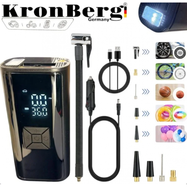 Акумулаторен Компресор за Гуми с Дисплей Безжичен с Фенер KRONBERG 150 PSI 3в1 Зарядно Power Bank Акумулаторен Компресор за Гуми с Дисплей Безжичен с Фенер KRONBERG 150 PSI 3в1 Зарядно Power Bank