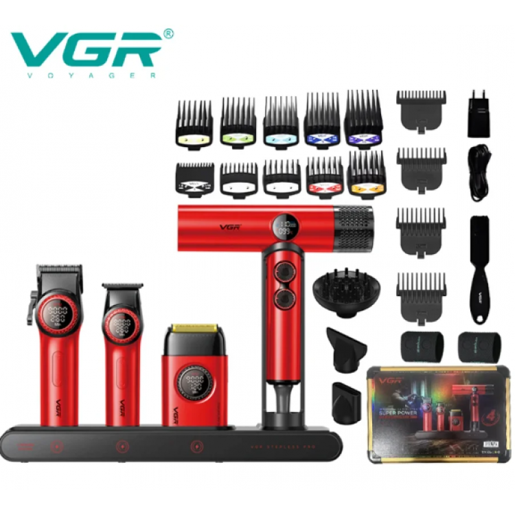 Професионален Комплект 4в1 за Фризьори VGR Самобръсначка Шейвър Машинка за Коса Тример и Сешоар в Куфар