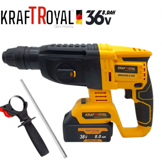 Акумулаторен перфоратор, ъглошлайф 125ММ, гайковерт и винтоверт KraftRoyal 36V с 3 бр. батерии 8AH в куфар и зарядно Акумулаторен перфоратор, ъглошлайф 125ММ, гайковерт и винтоверт KraftRoyal 36V с 3 бр. батерии 8AH в куфар и зарядно