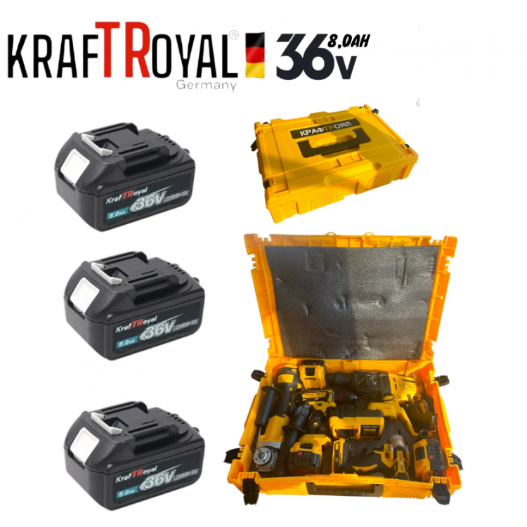 Акумулаторен перфоратор, ъглошлайф 125ММ, гайковерт и винтоверт KraftRoyal 36V с 3 бр. батерии 8AH в куфар и зарядно Акумулаторен перфоратор, ъглошлайф 125ММ, гайковерт и винтоверт KraftRoyal 36V с 3 бр. батерии 8AH в куфар и зарядно