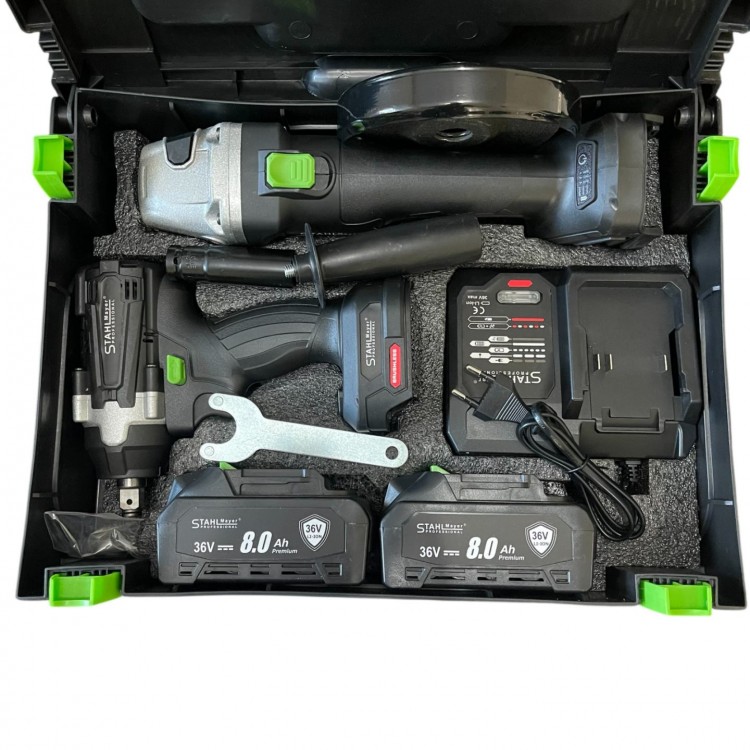 Комплект акумулаторен ъглошлайф и гайковерт 36V 8Ah StahlMayer BLACK PRO Комплект акумулаторен ъглошлайф и гайковерт 36V 8Ah StahlMayer BLACK PRO